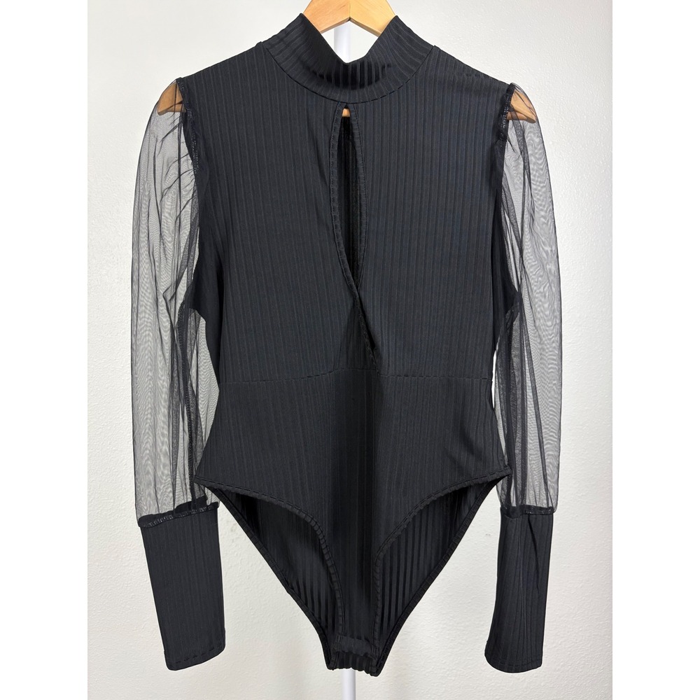Black Ribbed Mesh Long Sleeve Keyhole Mock Neck Bodysuit Women
